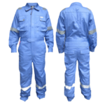 Two prime captain coverall in blue on a white background, the coverall is 100% cotton protecting against hazardous materials from Saudi Supplier.