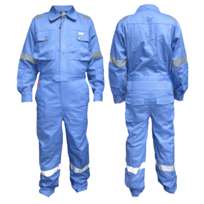Two prime captain coverall in blue on a white background, the coverall is 100% cotton protecting against hazardous materials from Saudi Supplier.