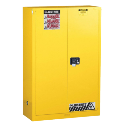 45 Gallon Yellow flammable safety cabinet, Justrite Sure-Grip® brand, made of steel on a white background from Saudi Supplier.