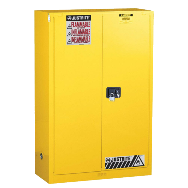 45 Gallon Yellow flammable safety cabinet, Justrite Sure-Grip® brand, made of steel on a white background from Saudi Supplier.
