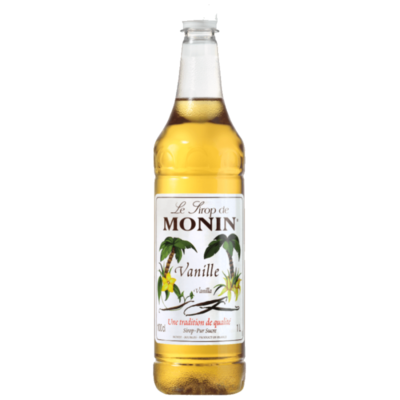 Monin Vanilla Syrup 1Ltr bottle with Golden Yellow color from Saudi Supplier.
