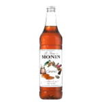 Monin Caramel Syrup bottle with clear color that shows off the brown colored caramel syrup from Saudi Supplier.