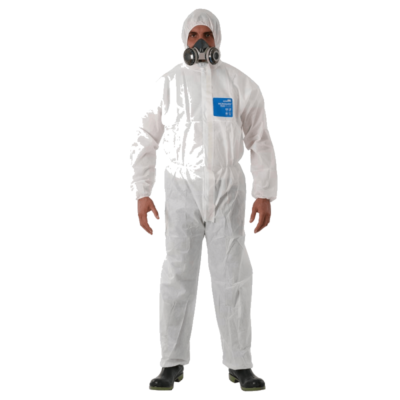 Ansell Disposable Coverall 1500 PLUS in a vertical shape colored in white with Ansell logo colored in blue from Saudi Supplier.