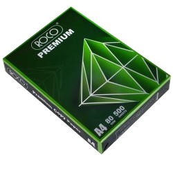 Roco Premium A4 copy paper on a white background, with green packaging from Saudi Supplier.