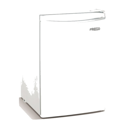 Frego single door refrigerator, 3.2 feet, in white on a white background, with a light shade below, and the Frego logo from Saudi Supplier.